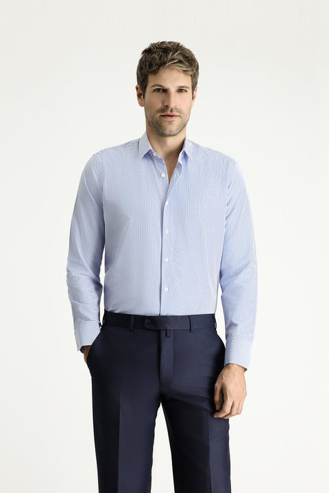 Blue Long Sleeve Slim Fit Striped Cotton Easy-Iron Shirt