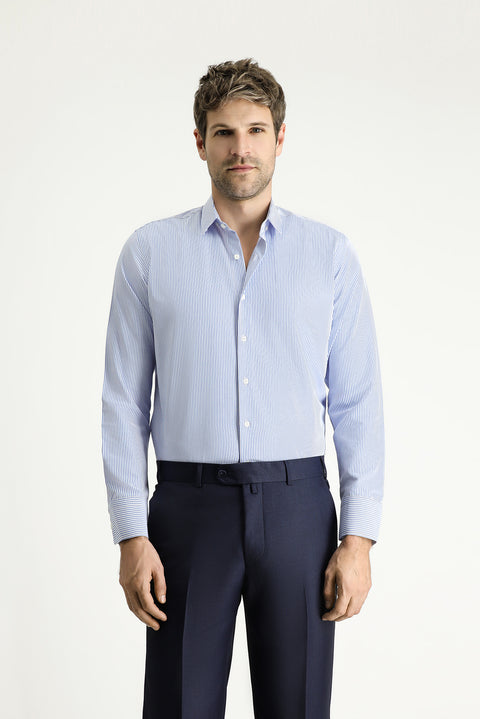 Blue Long Sleeve Slim Fit Striped Cotton Easy-Iron Shirt