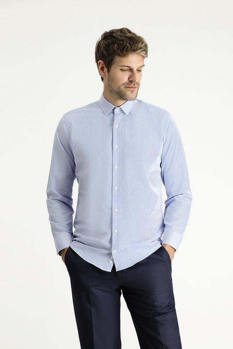 Blue Long Sleeve Slim Fit Striped Cotton Easy-Iron Shirt