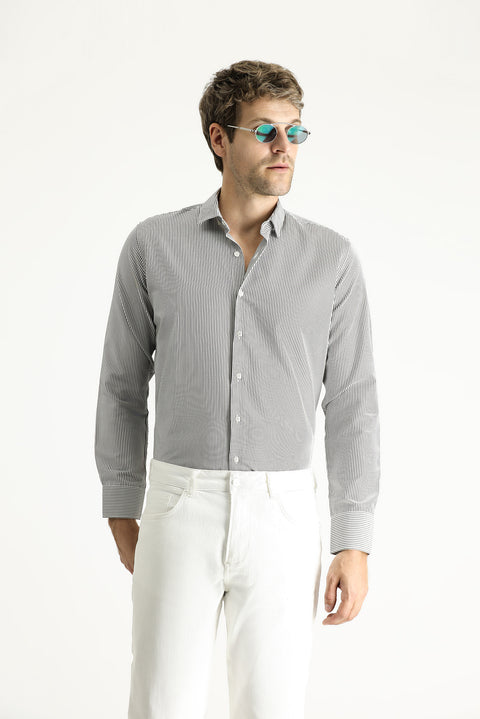 Medium Anthracite Long Sleeve Slim Fit Striped Cotton Easy-Iron Shirt