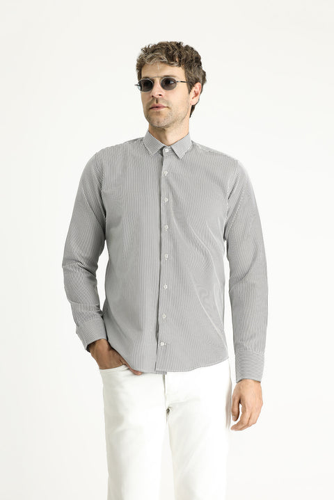 Medium Anthracite Long Sleeve Slim Fit Striped Cotton Easy-Iron Shirt
