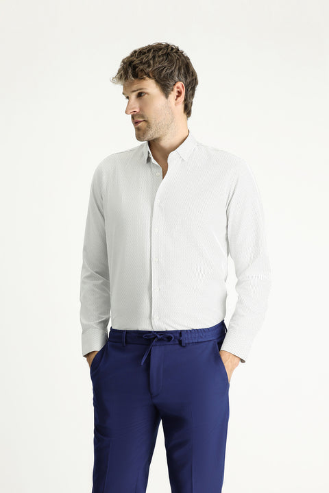 Light Grey Long Sleeve Slim Fit Striped Cotton Easy-Iron Button-Down Collar Shirt