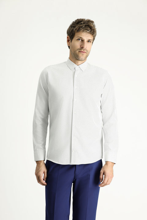 Light Grey Long Sleeve Slim Fit Striped Cotton Easy-Iron Button-Down Collar Shirt