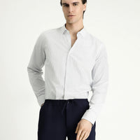 Light Navy Blue Long Sleeve Slim Fit Striped Cotton Easy-Iron Button-Down Collar Shirt
