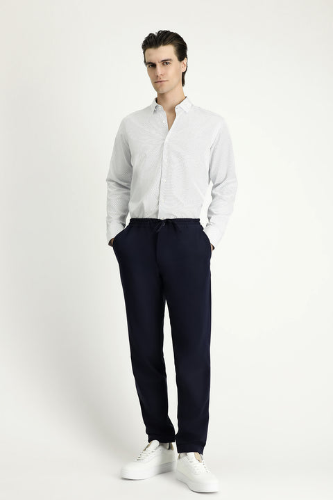 Light Navy Blue Long Sleeve Slim Fit Striped Cotton Easy-Iron Button-Down Collar Shirt