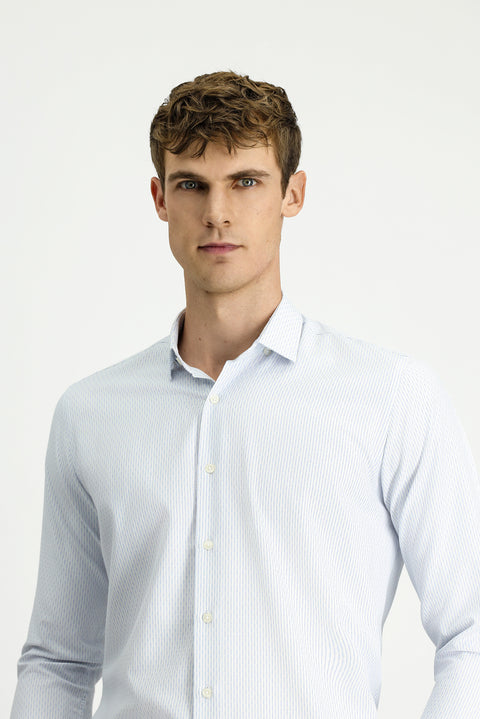 Blue Long Sleeve Slim Fit Striped Cotton Easy-Iron Button-Down Collar Shirt