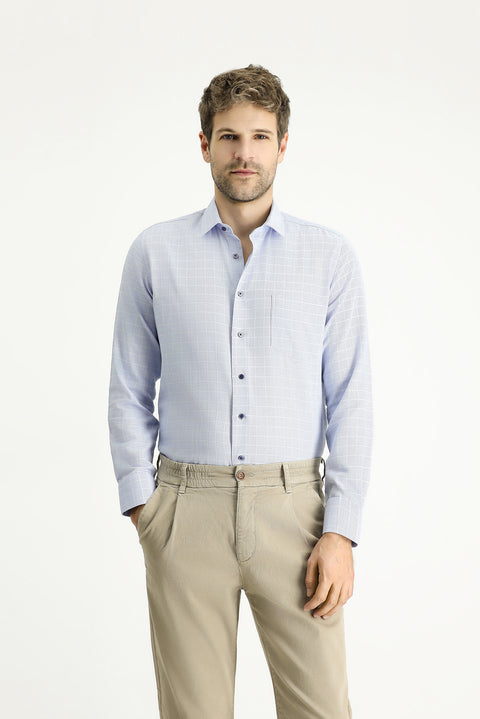 Blue Long Sleeve Slim Fit Narrow Cut Non-Iron Plaid Cotton Shirt