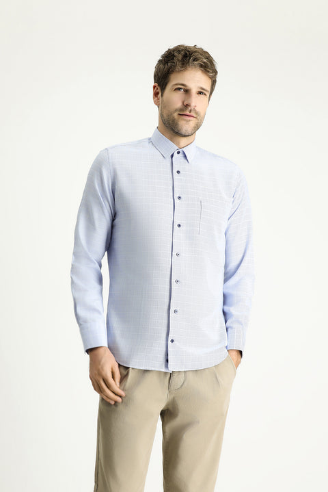 Blue Long Sleeve Slim Fit Narrow Cut Non-Iron Plaid Cotton Shirt
