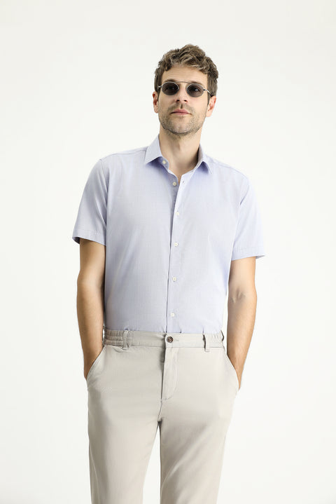Light Blue Short Sleeve Slim Fit Patterned Cotton Shirt
