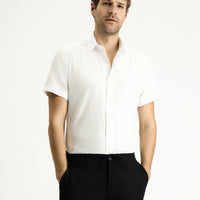 White Short Sleeve Slim Fit Patterned Cotton Shirt