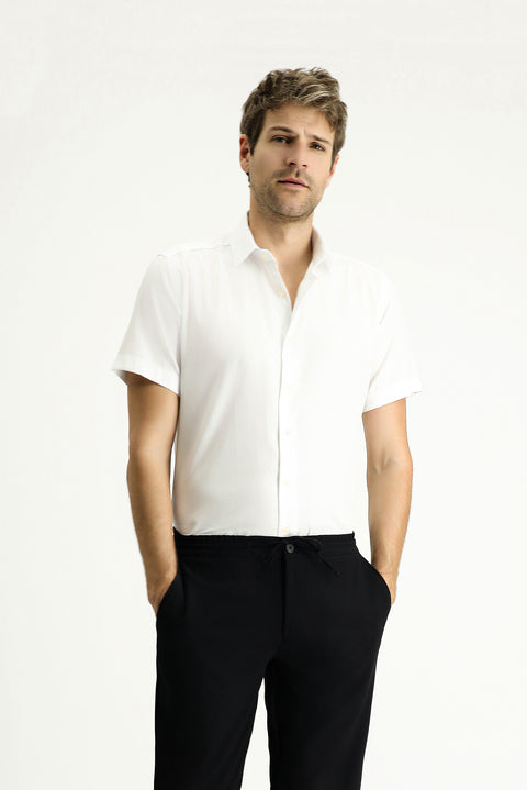 White Short Sleeve Slim Fit Patterned Cotton Shirt