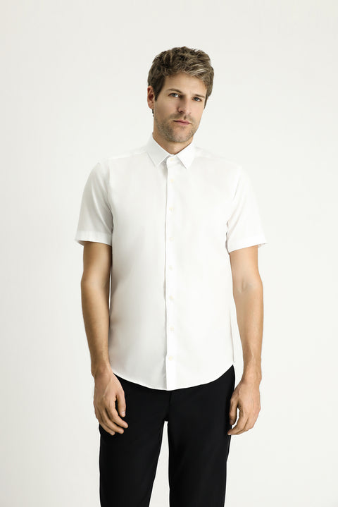 White Short Sleeve Slim Fit Patterned Cotton Shirt
