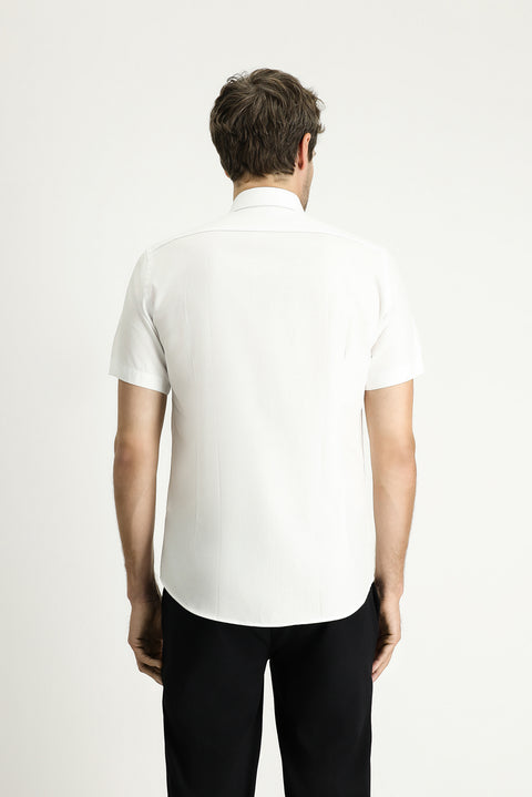White Short Sleeve Slim Fit Patterned Cotton Shirt