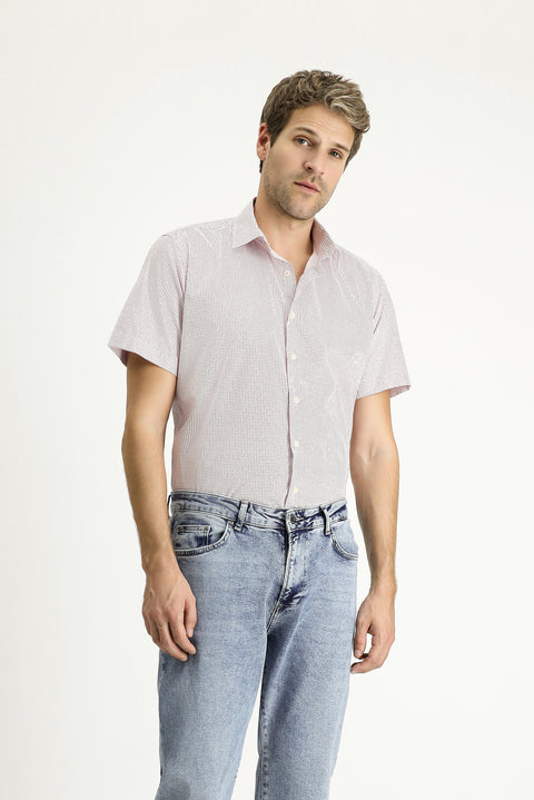 Coral Red Short Sleeve Slim Fit Printed Cotton Shirt