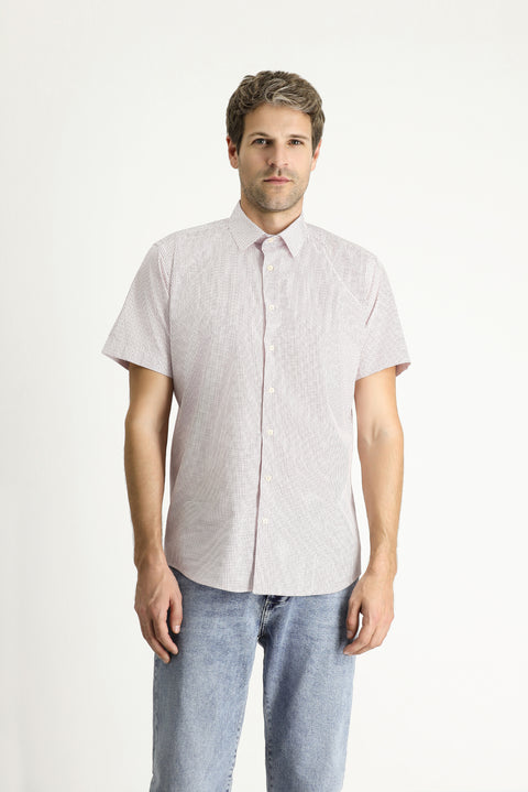 Coral Red Short Sleeve Slim Fit Printed Cotton Shirt