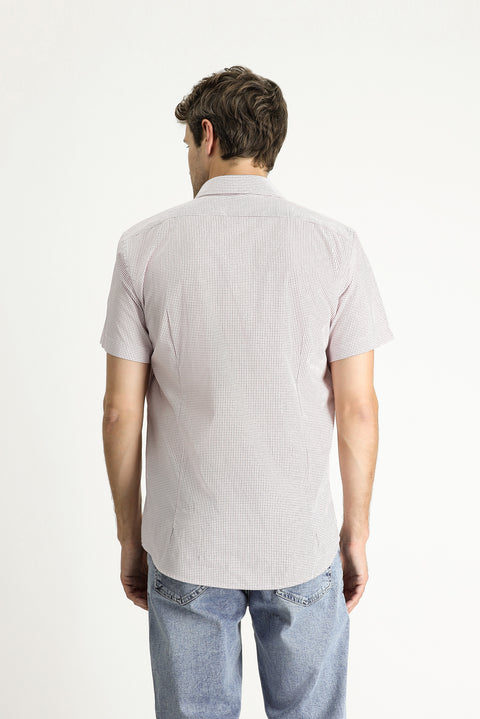Coral Red Short Sleeve Slim Fit Printed Cotton Shirt
