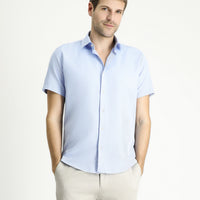 Light Blue Short Sleeve Slim Fit Patterned Cotton Shirt, Easy Iron