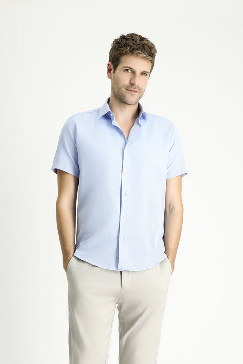 Light Blue Short Sleeve Slim Fit Patterned Cotton Shirt, Easy Iron