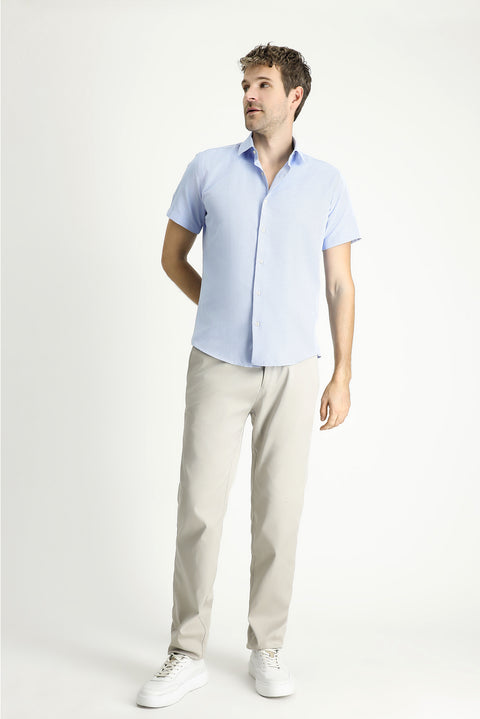 Light Blue Short Sleeve Slim Fit Patterned Cotton Shirt, Easy Iron