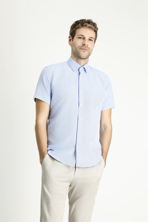 Light Blue Short Sleeve Slim Fit Patterned Cotton Shirt, Easy Iron