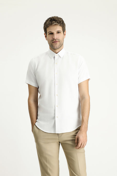 White Short Sleeve Slim Fit Patterned Cotton Shirt, Easy Ironing