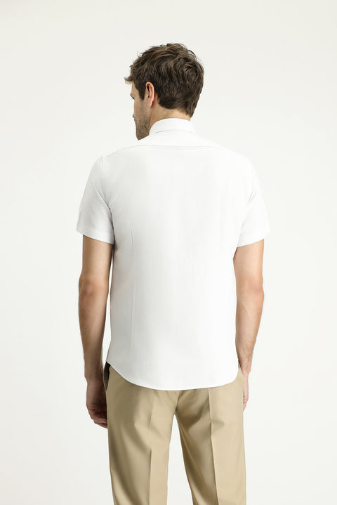 White Short Sleeve Slim Fit Patterned Cotton Shirt, Easy Ironing
