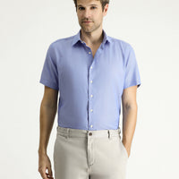Dark Blue Short Sleeve Slim Fit Patterned Cotton Shirt, Easy Iron