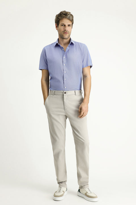 Dark Blue Short Sleeve Slim Fit Patterned Cotton Shirt, Easy Iron
