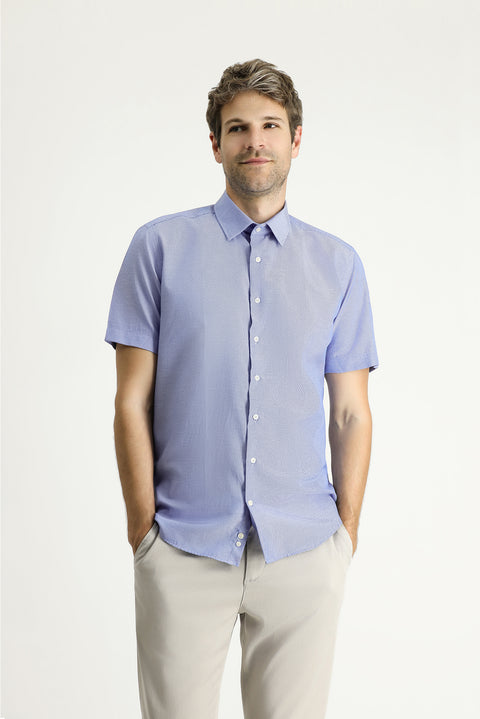 Dark Blue Short Sleeve Slim Fit Patterned Cotton Shirt, Easy Iron