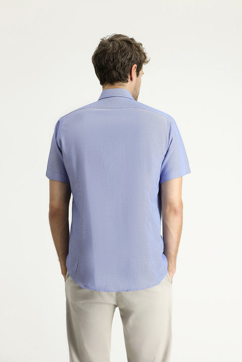Dark Blue Short Sleeve Slim Fit Patterned Cotton Shirt, Easy Iron