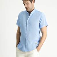 Light Blue Short Sleeve Slim Fit Patterned Sporty Linen Blend Shirt