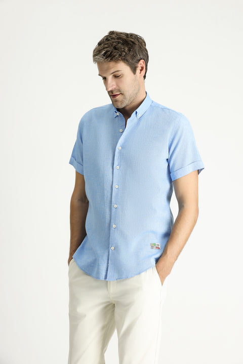 Light Blue Short Sleeve Slim Fit Patterned Sporty Linen Blend Shirt
