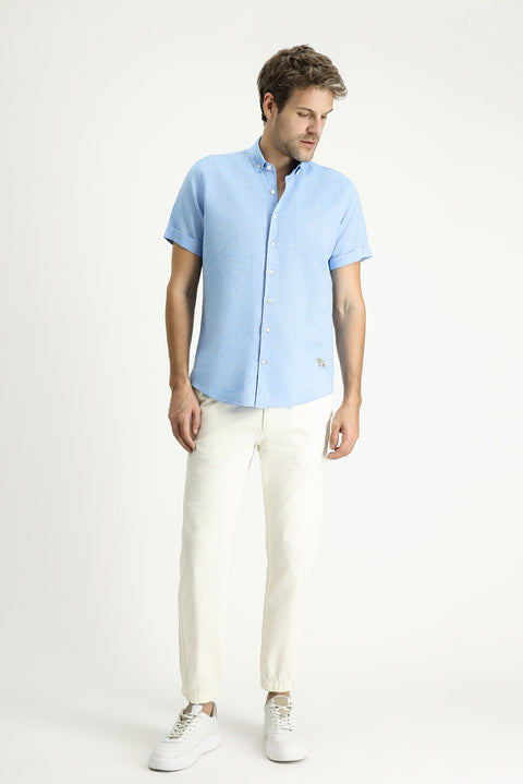 Light Blue Short Sleeve Slim Fit Patterned Sporty Linen Blend Shirt