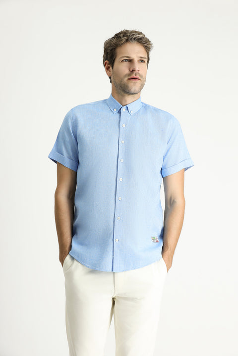 Light Blue Short Sleeve Slim Fit Patterned Sporty Linen Blend Shirt