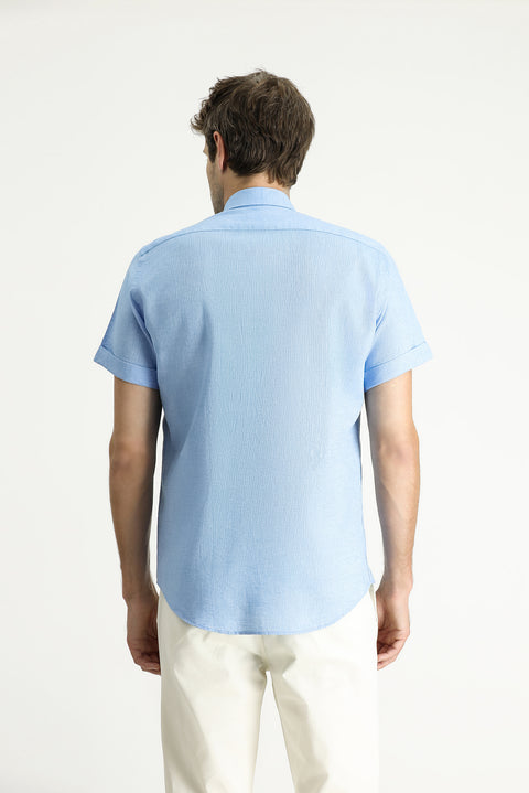 Light Blue Short Sleeve Slim Fit Patterned Sporty Linen Blend Shirt