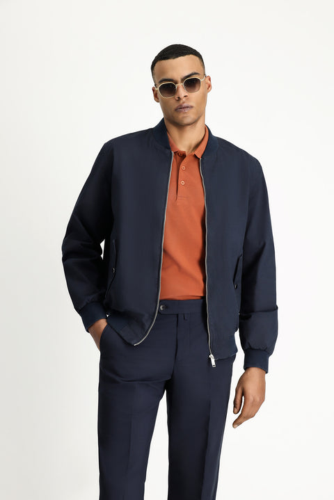 Light Navy Seasonal Ribbed Cotton Bomber Jacket