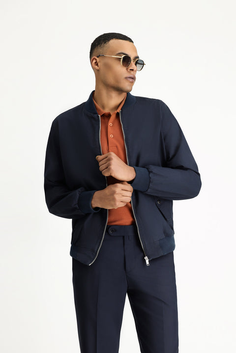Light Navy Seasonal Ribbed Cotton Bomber Jacket