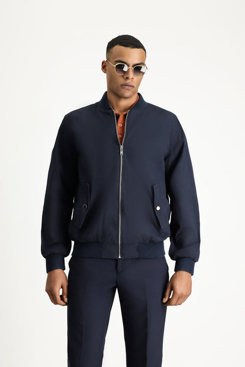 Light Navy Seasonal Ribbed Cotton Bomber Jacket