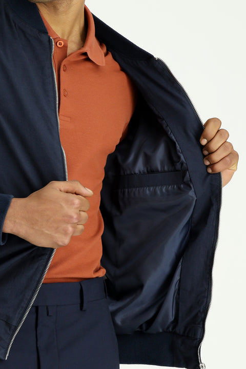 Light Navy Seasonal Ribbed Cotton Bomber Jacket