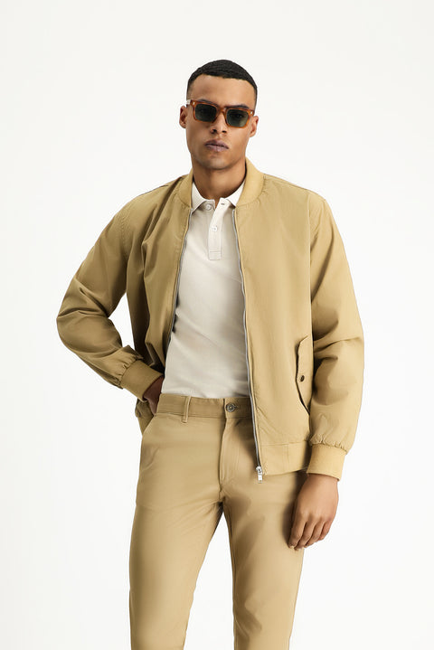 Light Beige Seasonal Ribbed Cotton Bomber Jacket