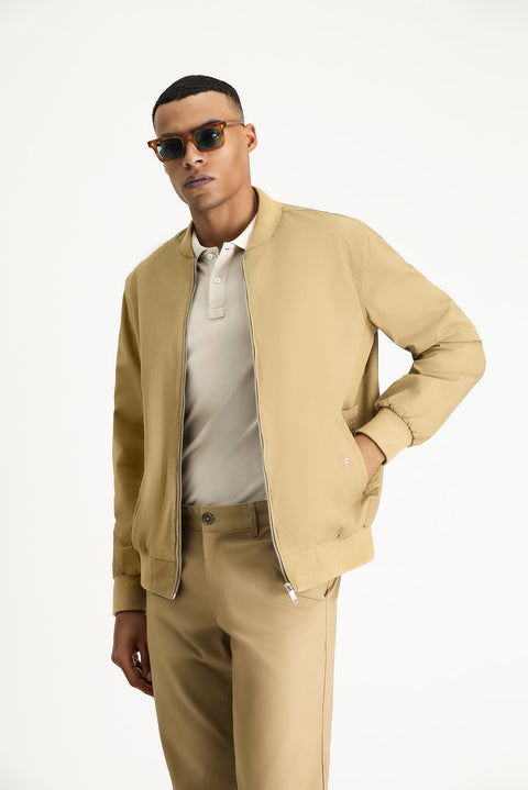 Light Beige Seasonal Ribbed Cotton Bomber Jacket