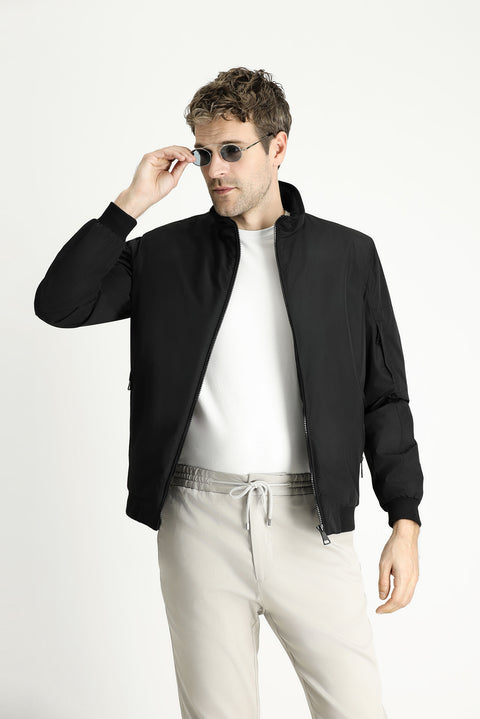 Black Ribbed Seasonal Sport Bomber Jacket