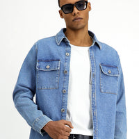 Dark Blue Slim Fit Narrow Cut Denim Cotton Shirt / Jacket