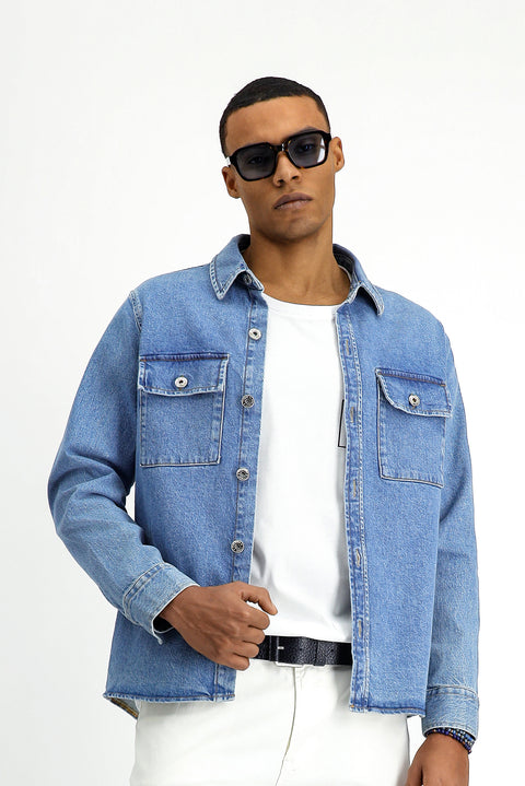 Dark Blue Slim Fit Narrow Cut Denim Cotton Shirt / Jacket