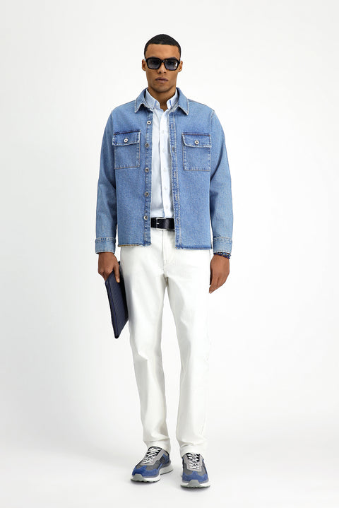 Dark Blue Slim Fit Narrow Cut Denim Cotton Shirt / Jacket