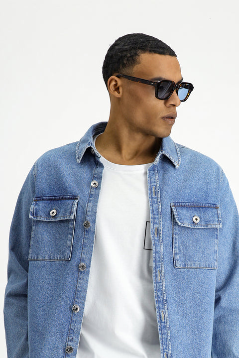 Dark Blue Slim Fit Narrow Cut Denim Cotton Shirt / Jacket