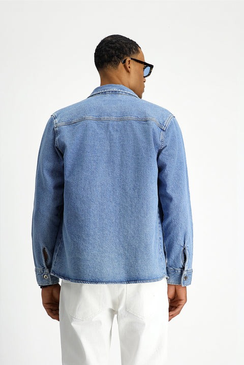 Dark Blue Slim Fit Narrow Cut Denim Cotton Shirt / Jacket