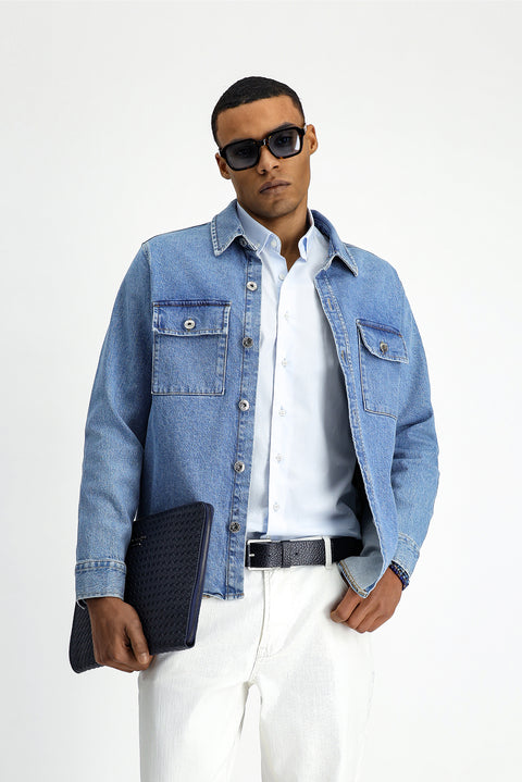 Dark Blue Slim Fit Narrow Cut Denim Cotton Shirt / Jacket