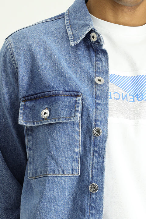 Dark Blue Slim Fit Narrow Cut Denim Cotton Shirt / Jacket