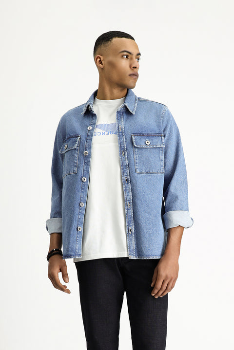 Dark Blue Slim Fit Narrow Cut Denim Cotton Shirt / Jacket